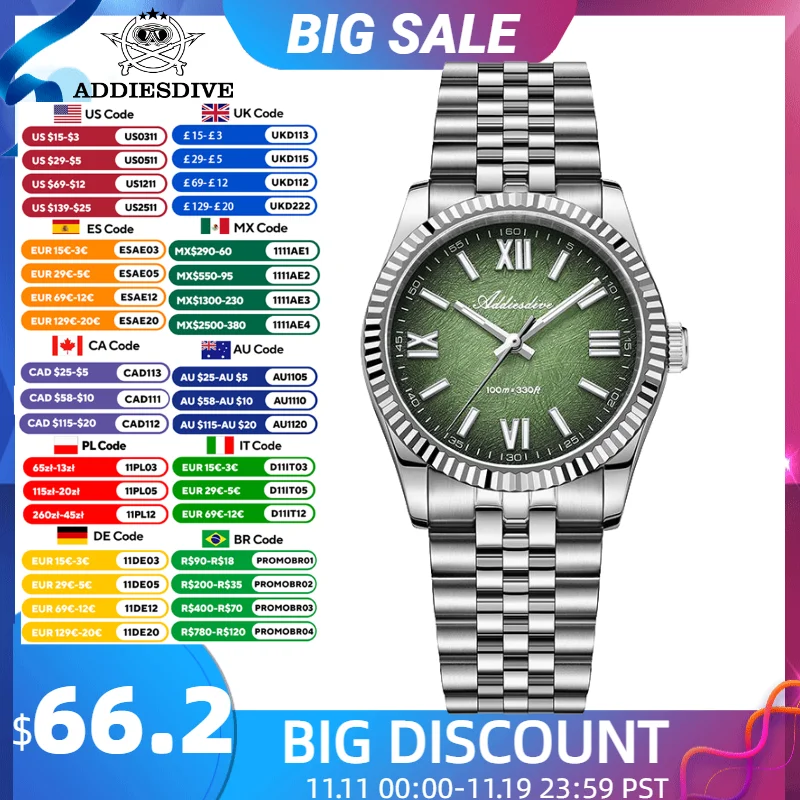 

ADDIESDIVE Quartz Watch for Men New Sapphire AR Coated 10Bar Waterproof Diving Luminous 36mm Men Wristwatch Luxury VH31 Movement