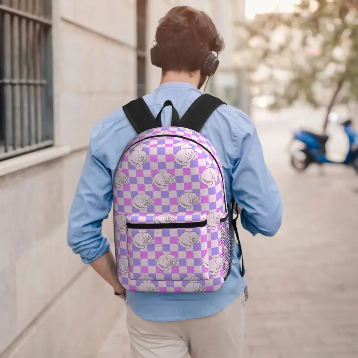 Adorable Cat Pink Grid Backpack Student BookBag Children School Bag Computer Shoulder Bags for Men Women