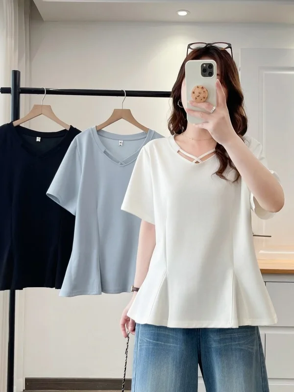 plus Size Women's Cross V-Neck Short Sleeve T-Shirt Slimming Belly Cover Design Casual High Waist Fish Tail Waist in T-Shirt