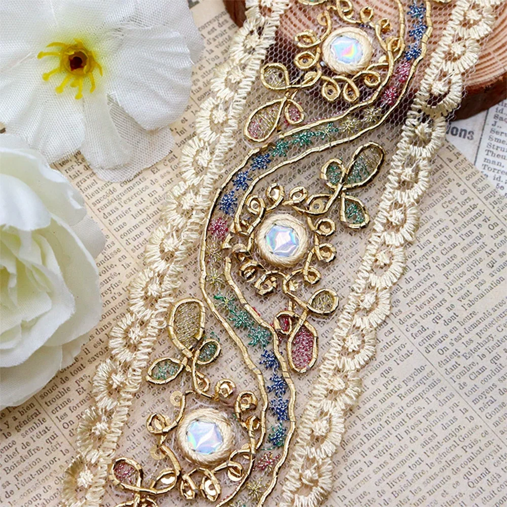 5 cm breite, mit Goldfaden bestickte Pailletten-Spitze, champagnerfarbenes Vintage-Spitzenband im Hofstil mit schillernden Pailletten, DIY-Handarbeitsmaterialien, Kleider- und Hochzeitskleid-Accessoires, Tischläufer, d – Detail 5
