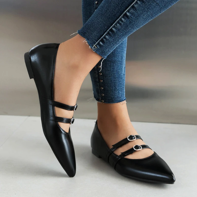 2024 Spring Autumn New Mary Jane Shoes Woman Pointed Toe Casual Flats Two Buckles Women Flats Shallow Loafers Footwear Big Size