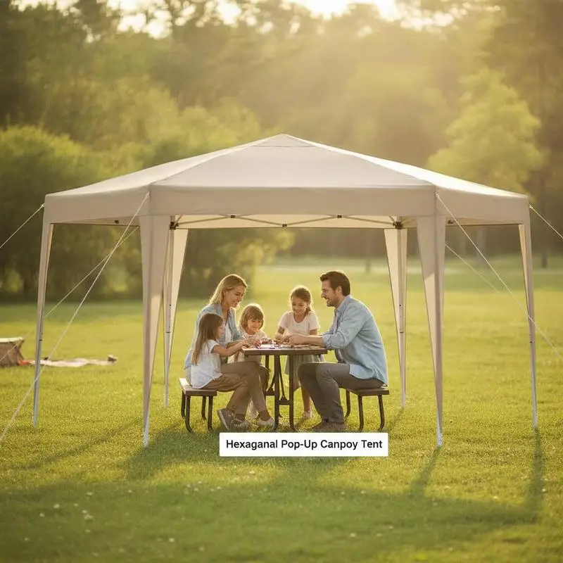 Tente à auvent hexagonale pop-up réglable en hauteur de 13 x 11,5 pieds avec pieds décorés - Khaki