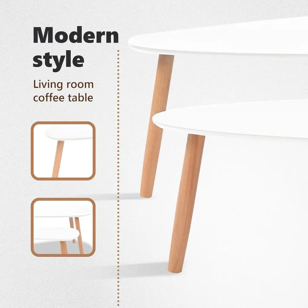 スカンジナビアスタイルの白いコーヒーテーブルセット、リビングルーム用の2ピース無垢パイン材エンドテーブル