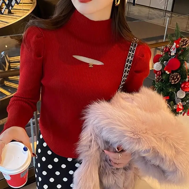 Women Clothing Fashion Half High Collar Solid Knit Pullovers Autumn Winter Elegant Chic Folds Long Sleeve Sweaters All-match Top