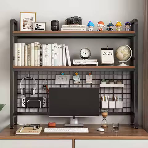 Bookcase With Grid Bookshelf Desktop Multi-layer Wrought Iron Shelf Student Computer Desk Table Hole Board Table Wooden Shelves