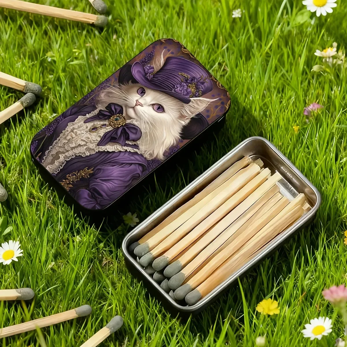 Victorian Gentleman Cat Metal Match Tin, Small Portable Matchbox Holder, Vintage Decor Storage Case for Matches and Small Items