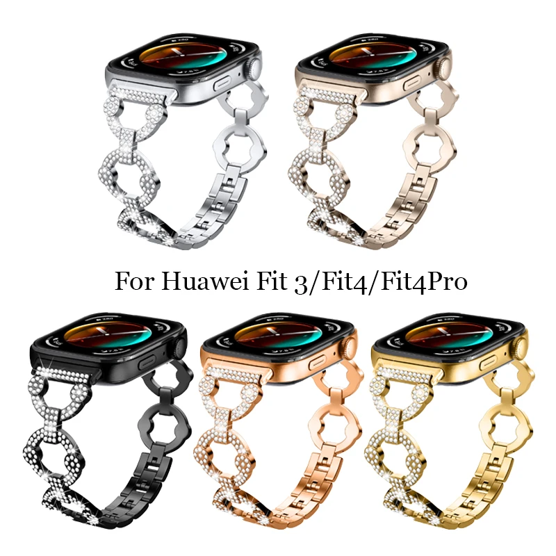 화웨이 워치 핏 3 스트랩용 스테인리스 스틸 밴드, 여성 남성용 다이아몬드 메탈 팔찌 밴드, 화웨이 핏 4 4Pro 스마트 워치용