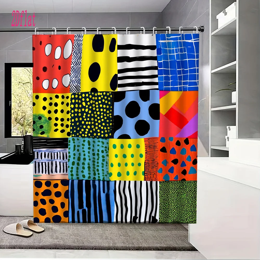 Modern Pop Art Patchwork Shower Curtain, Mixed Dots Stripes Grid Art Print, Machine Washable Bathroom Shower Decor Curtain