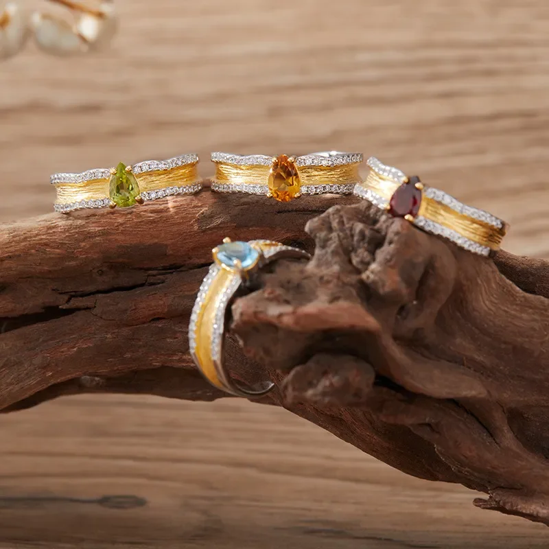 Natural gemstone Tanzanian garnet topaz peridot colored treasure ring women's s925 sterling silver index finger ring