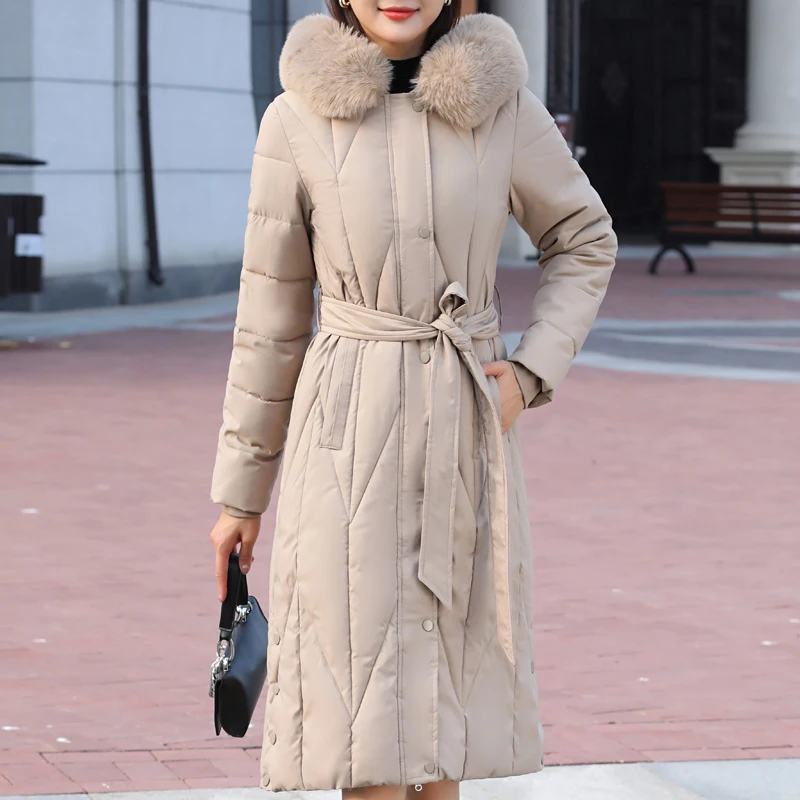 Winter Long Coat Women Overcoat Hooded 2023 New Fur Collar Elegant Thick Warm Padded Jacket Middle Age Woman Parkas with Belt