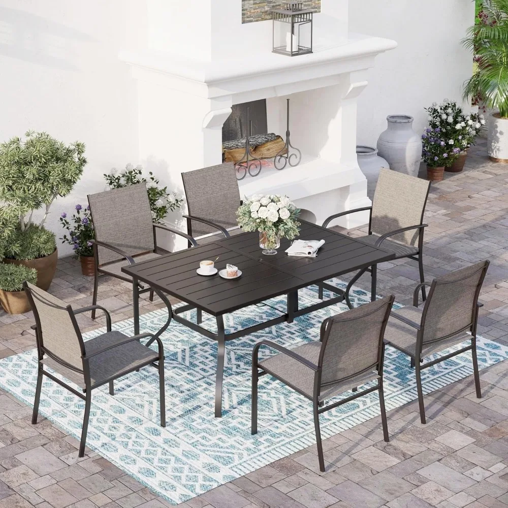 

7 Piece Patio Dining Set for 6, Rectangular Metal Table with Umbrella Hole, 6 Brown Dining Chairs, Outdoor Table and Chairs Set