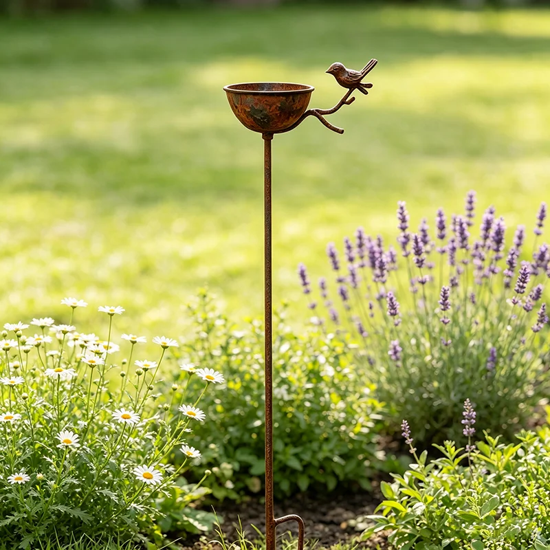 Retro-Metall-Bodenspieß Zwei-in-Eins-Vogelfutter- und Wassernapf - Rustikale Oberfläche für Außen-, Garten-, Rasen- und Terrassendekoration – Detail 4