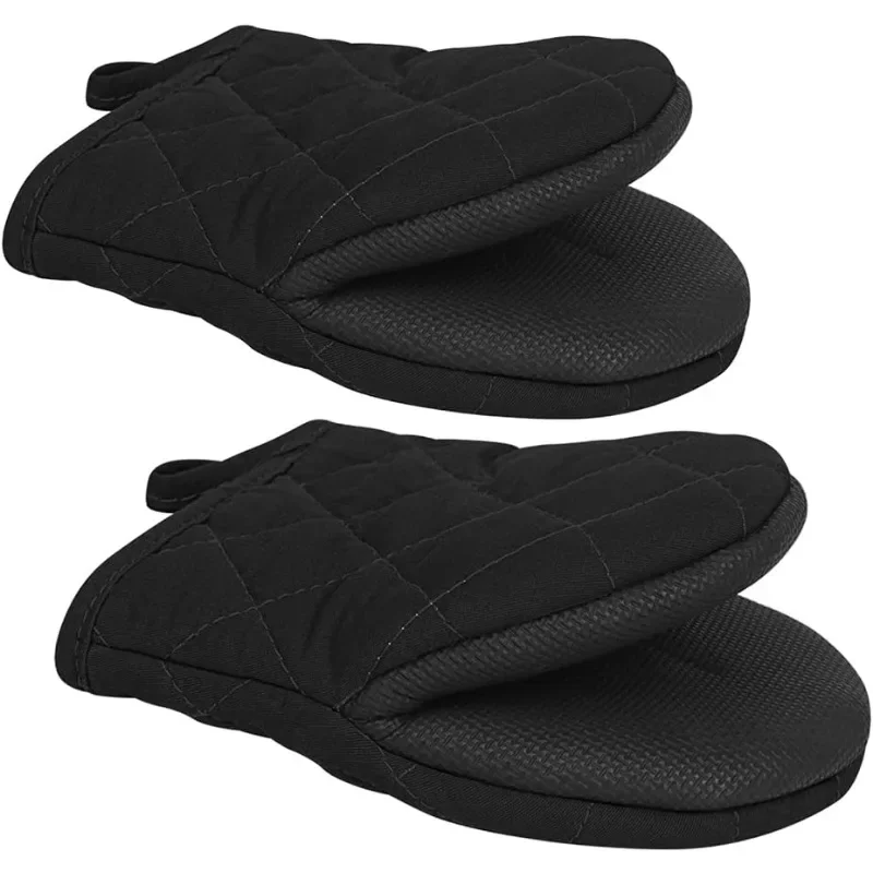 1 Pair Short Oven Mitts Silicone Kitchen Oven Gloves High Heat Resistant 500℉ with Non Slip Grip Surfaces and Hanging Loop Black