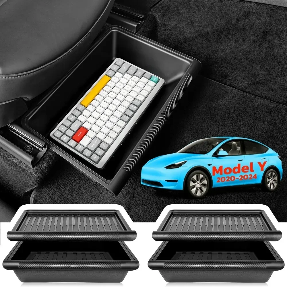 For 2020-2024 Model Y Car Front Under Seat Storage Box Organizer Hidden Tray Underseat Bins with Lid Cover Interior Accessories