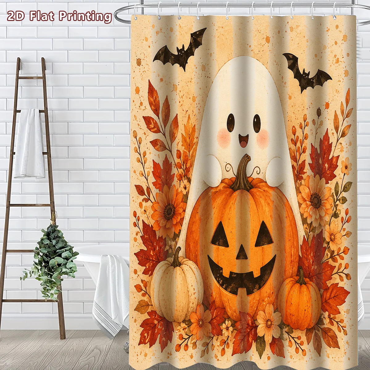 Cute Ghost Shower Curtain, Pumpkin & Autumn Leaf Print Waterproof Bathroom Decor, Kawaii Halloween Home Bath Screen