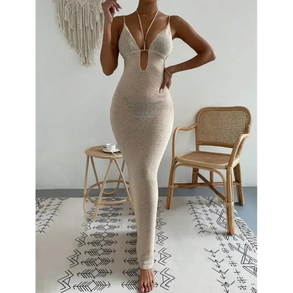 Spaghetti Strap Dress Bodycon Maxi Dresses Cut Out Halter Strings Sexy Women Backless Lace Up Knit Vacation Pencil Dress Vestido