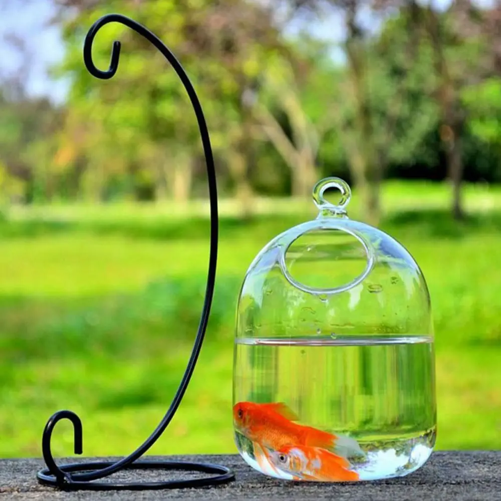 Round/Rectangle Shape Hanging Glass Aquarium Fish Tank Fish Bowl Transparent Vase Ornament With Rack Holder Home Decoration