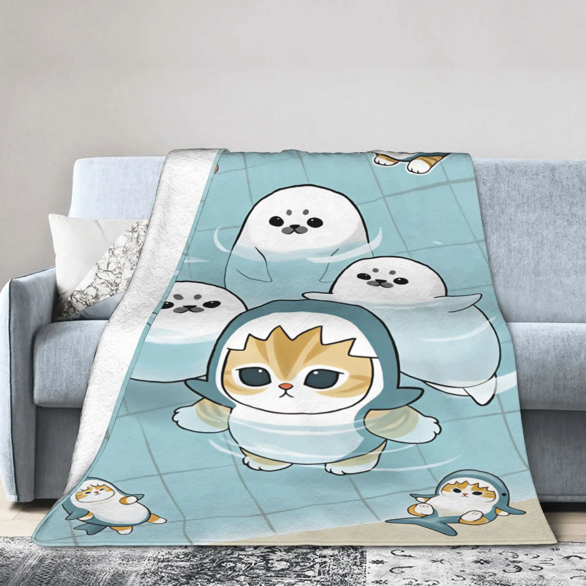 Mofusand Japanese Shark Cat  Blankets Picnic Flannel Throw Blanket For Couch Bed Warm Soft Customized Quality Bedspread Gift