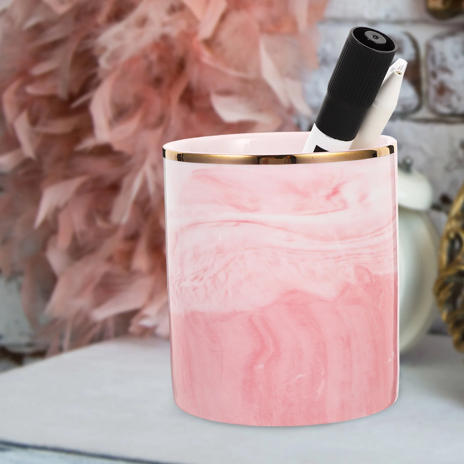 

Marble Pen Holder Sturdy Tabletop Desktop Organizer Makeup Brush Storage Large Capacity Office Pencil Holder Fashionable Desk