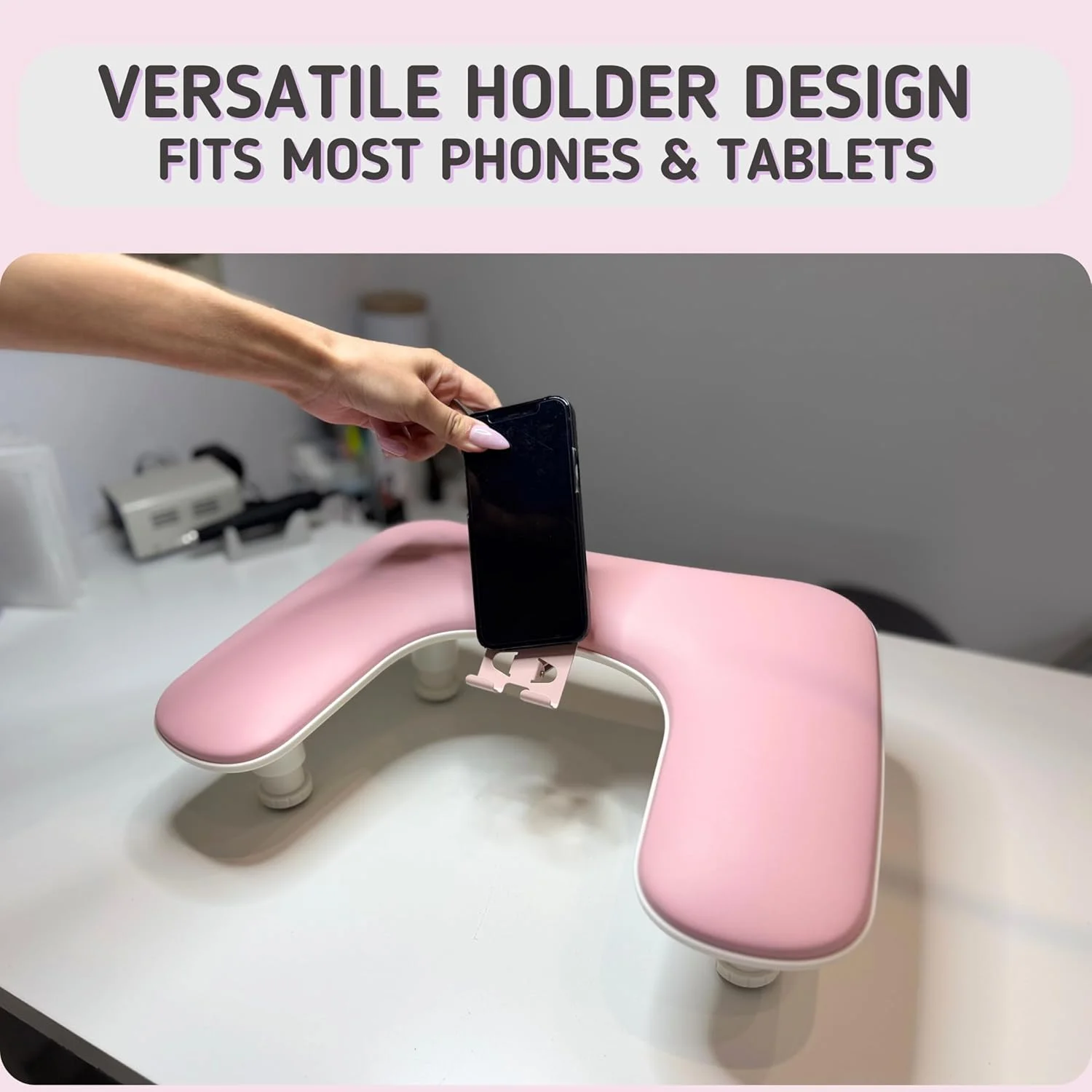 1 Stück Rosa Höhenverstellbare Nagel-Armstütze mit Drehbarem Telefonhalter, PU-Leder Nageltechniker-Armstütze, U-förmige Handauflage – Detail 6