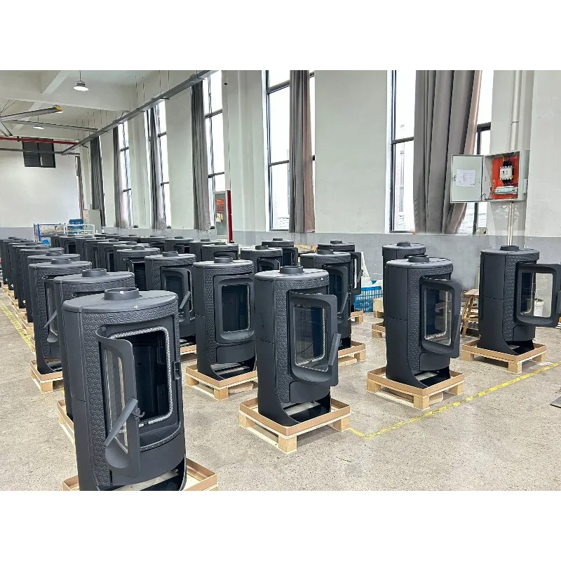 R1003A Stufa a legna rotonda per riscaldamento interno in ghisa durevole con stoccaggio dei tronchi (prezzo non include tubo)