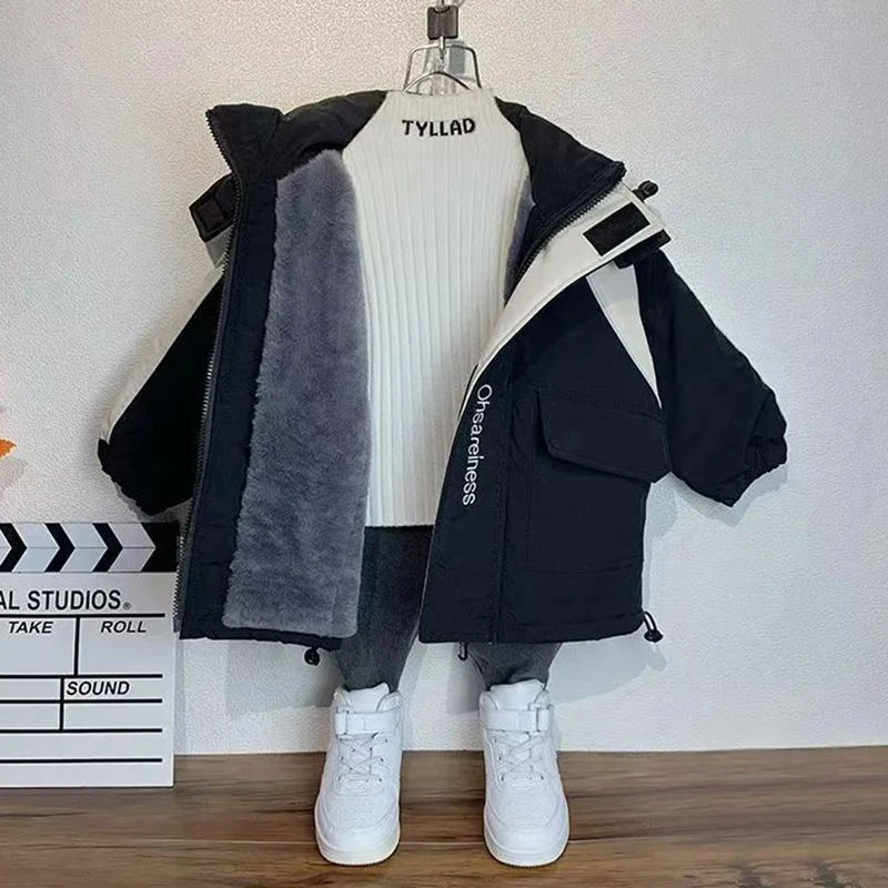 

-30 ℃ Зимняя куртка для мальчиков-подростков, плюшевые толстые лоскутные пуховые хлопковые уличные куртки с капюшоном для предотвращения холода для детей 7-14 лет