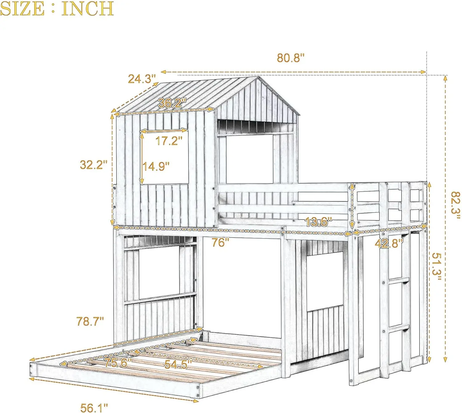 Designs House Bunk Beds, Twin Over Full Bunk Bed Wood Playhouse Low Bed Frame for Kids Toddlers Girls/