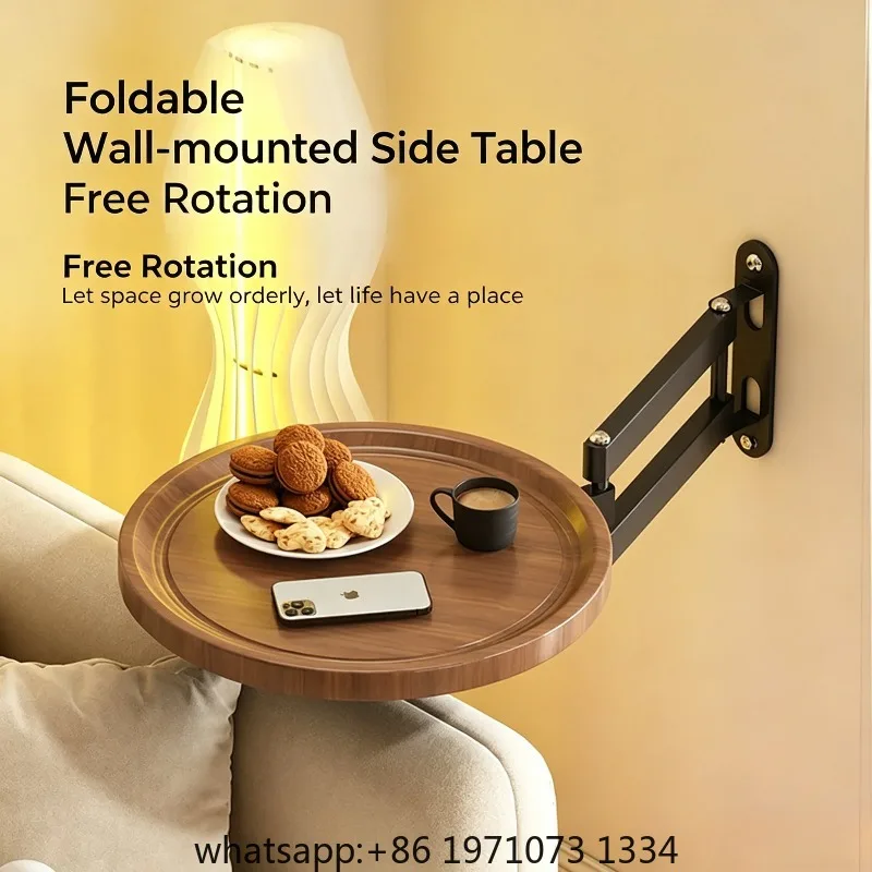 Folding Wall Table For Bed Retractable Wall-Mounted Desk Small Round Desk Wall Mounted tray Rotatable Bedside Storage Holder view 2
