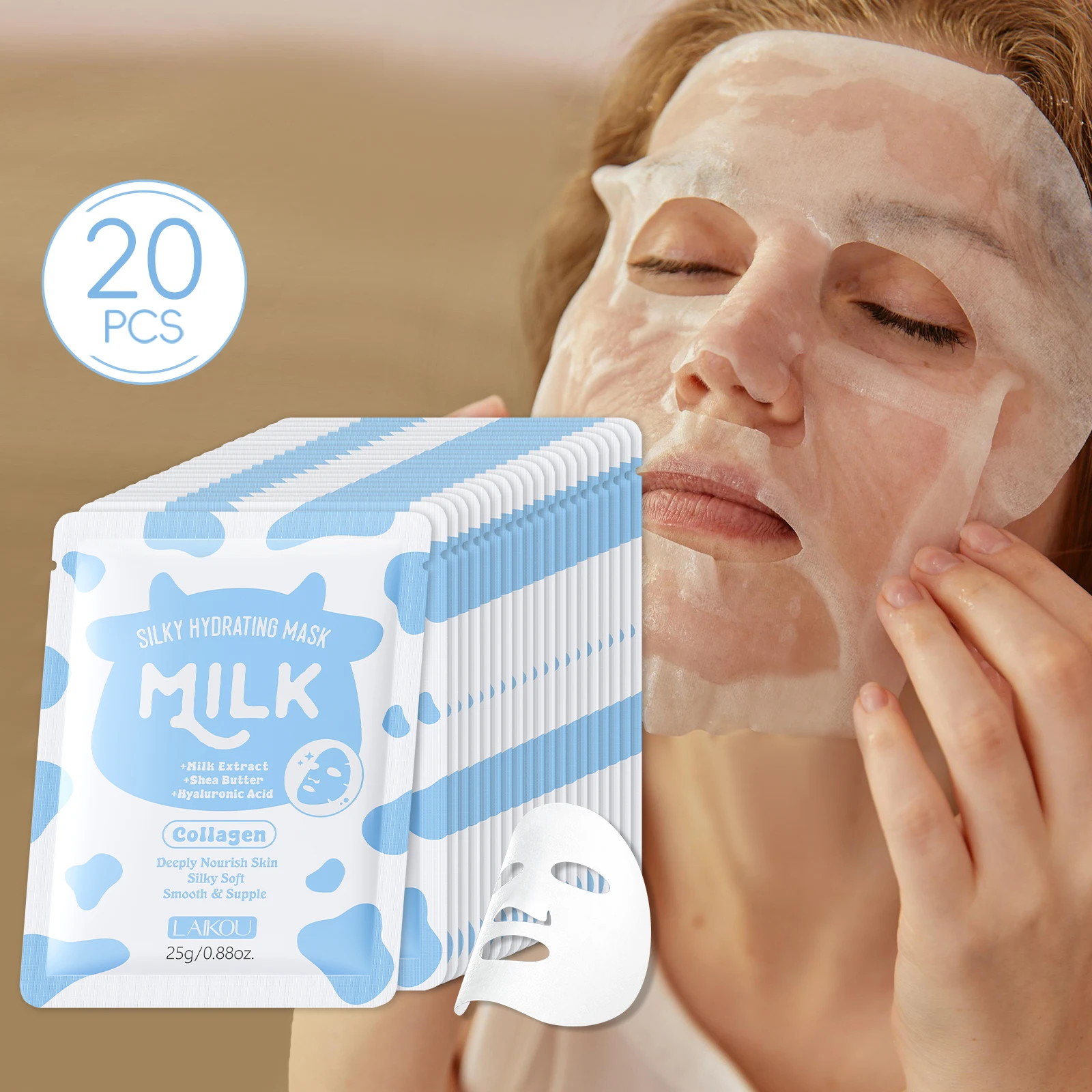 LAIKOU Milk Silky Hydrating Mask 20 Pcs*25g Deep Hydration Soften Skin Smooth Delicate Facial Mask