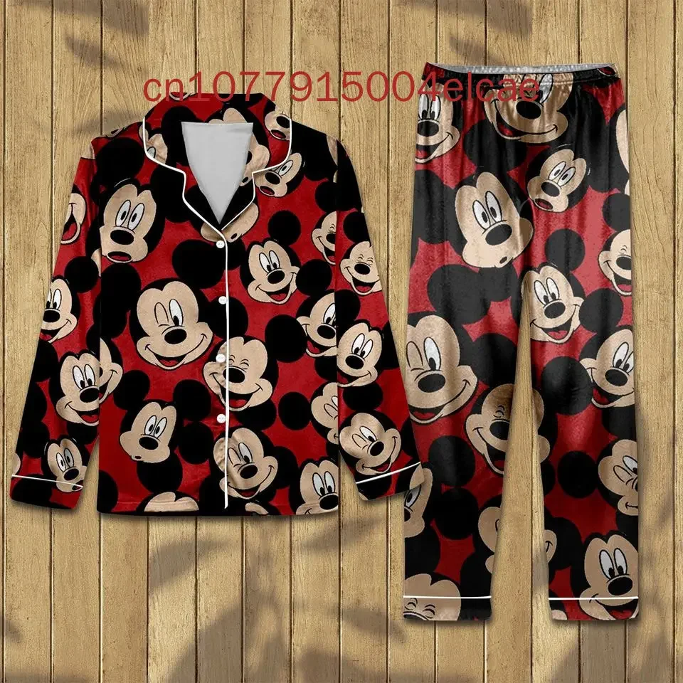 Disney Mickey Mouse  Long Sleeve Pants Two-piece Set Men's And Women's Pajamas Silk Pajamas Women's Cartoon Pajamas Pants Set