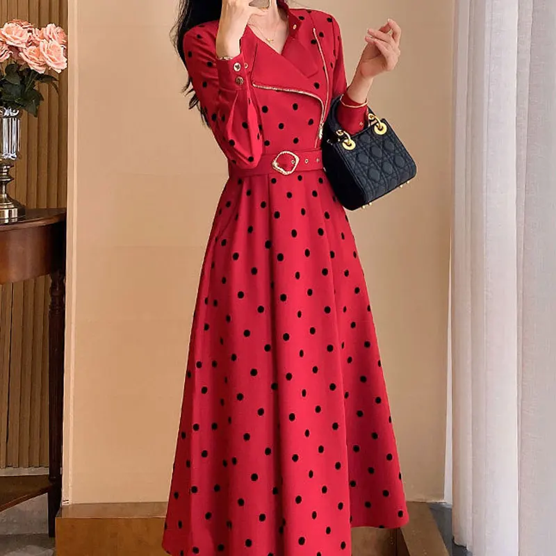 

Office Lady Elegant Tailored Collar Dresses Polka Dot Spring Autumn Women's Clothing A-Line Sashes Chic Asymmetrical Long Dress