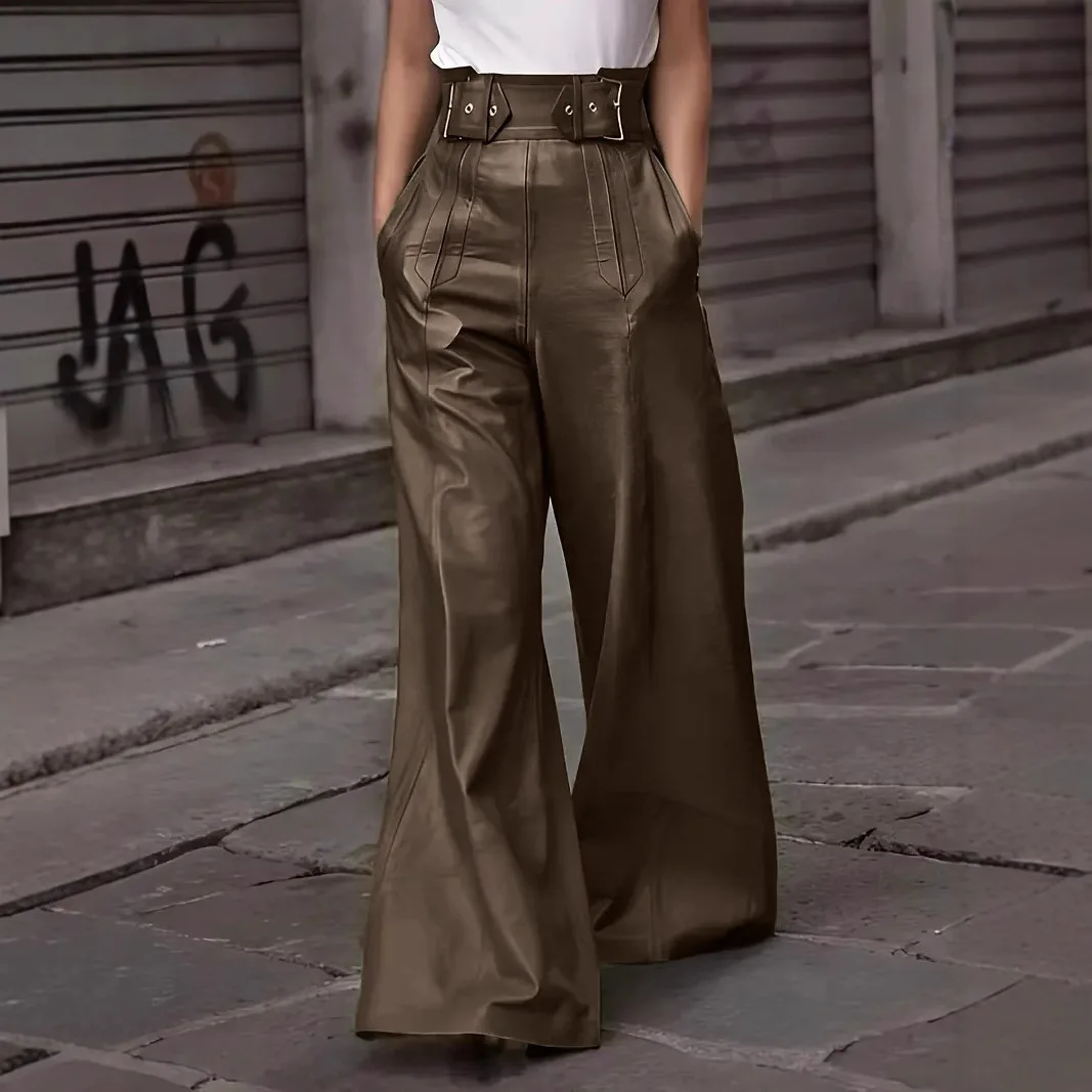Nuevas mujeres de moda de cuero de imitación de cintura alta de pierna ancha pantalones sueltos fajas cremallera primavera fiesta Casual calle PU pantalones