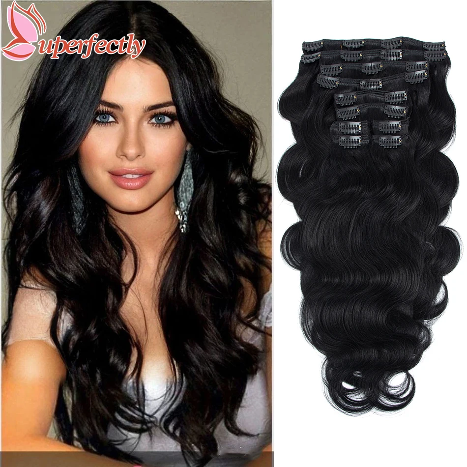 Uperfectly Body Wave Clip In Hair Extensions Remy Hair 10Pcs/Set Black Full Head Hairpiece Clip On Extensions For Women