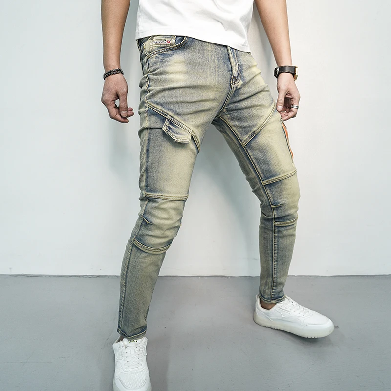 Retro Biker Jeans Herren dünne Füße dehnen schöne Nähte Reiß verschluss Design Straße lässig nostalgische Hose