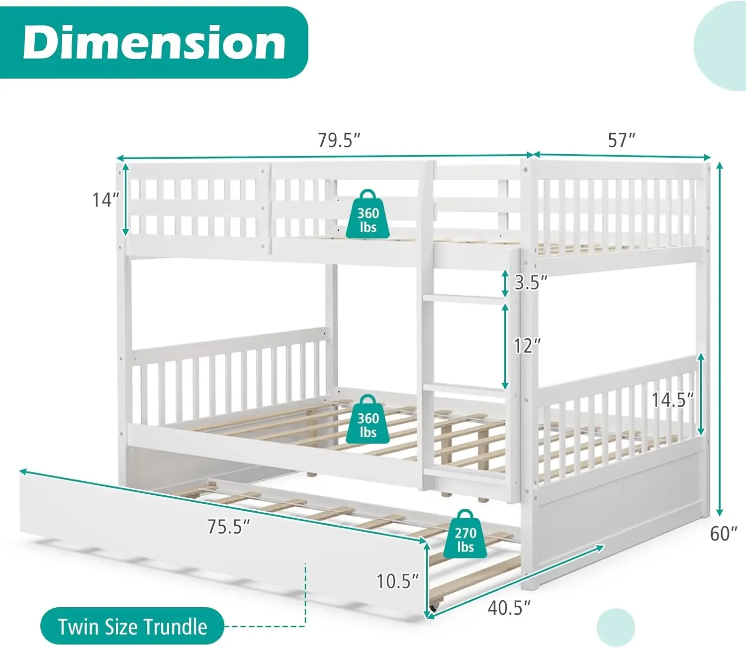 Full Over Full Bunk Bed with Trundle, Guardrails and Ladder, Convertible to 2 Beds,No Box Spring Needed, White