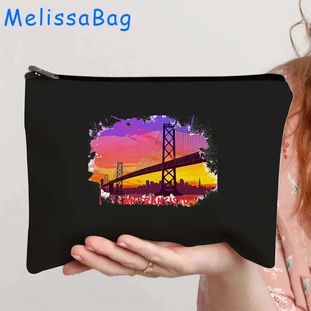 San Francisco Golden Gate Bridge United States Watercolor Paintings Canvas Cosmetic Makeup Toilet Bags Pencil Case Zipper Pouch