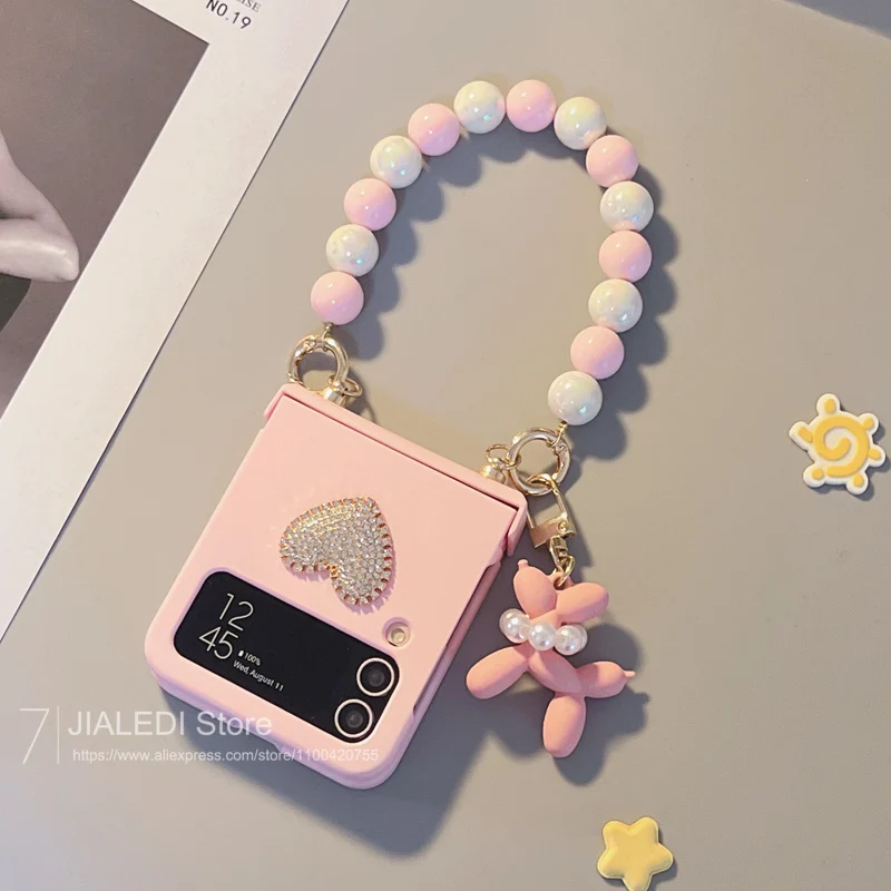 Rhinestone Love Cute Dog Bracelet Hinger Phone case For Samsung Galaxy Z Flip 3 4 5 6 flip6 zflip5 Cover