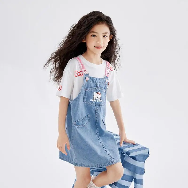 Anime Sanrios Hello Kittys Kids Overalls Girls' Denim Shorts Summer Loose Suspender Pant Jeans Outfit Fashionr Kids Clothes Gift