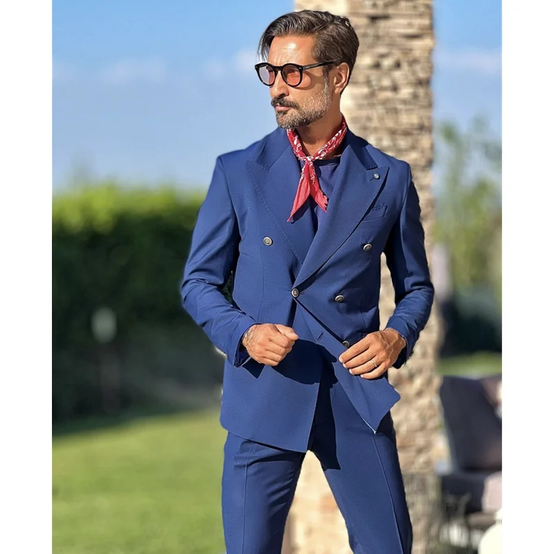 

Мужские костюмы Slim Fit, комплект из двух предметов, синие двубортные повседневные классические костюмы для свадьбы, жениха, выпускного вечера, мужская одежда, блейзер, наряды