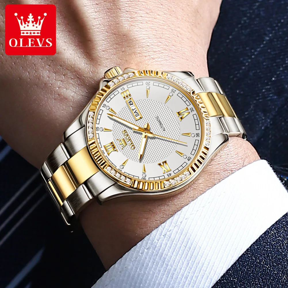 OLEVS Roman Diamond Gold Men\'s Wrist watch Luxury Calendar Window Waterproof Stainless Steel Automatic Watch for Men Original