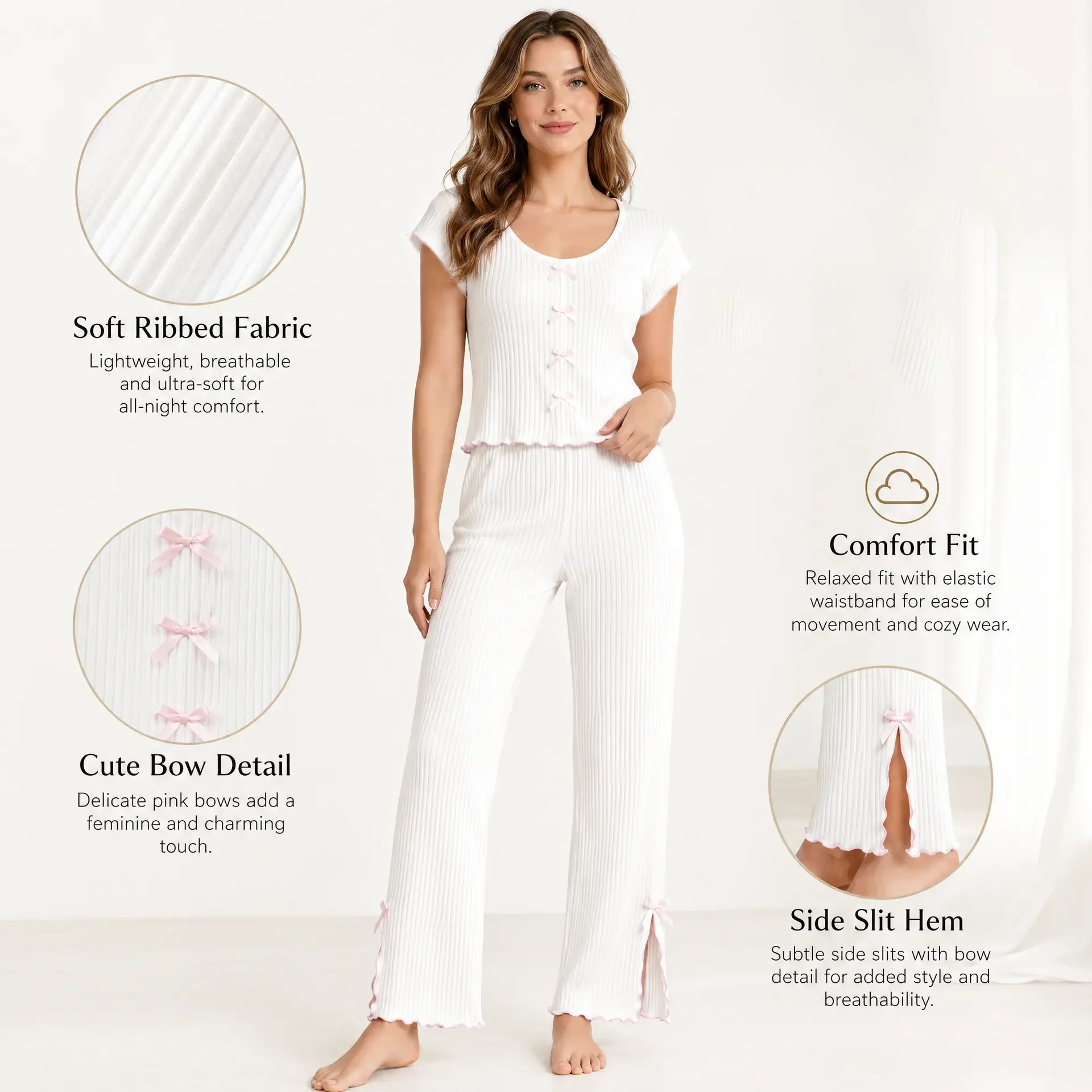 

Spring and Summer Wearable Women's Loungewear, White and Pink Bow-Knot Ribbed Pajama Set, Flutter-Sleeve Split Pants Set, Sweet Girly Style Casual Wear