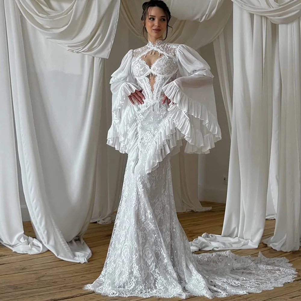 Maßgeschneiderte rückenfreie Meerjungfrauen-Brautkleider, elegantes Hochzeitskleid mit hohem Kragen und langen Ärmeln, exquisite Applikationen aus Spitze