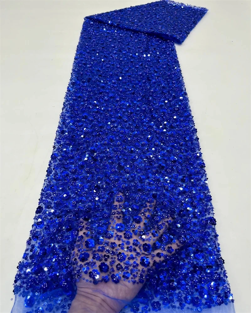 May Lace-African Tulle Lace Fabric, Nigerian Beads, Sequins for Wedding Party Dress, High Quality, Royal Blue, 2024