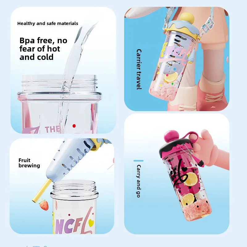 880ML High-value Girls Portable Strap Tea Separation Tea Cup Large-capacity Straw Plastic Cup Sports Water Bottle Cute  Cups