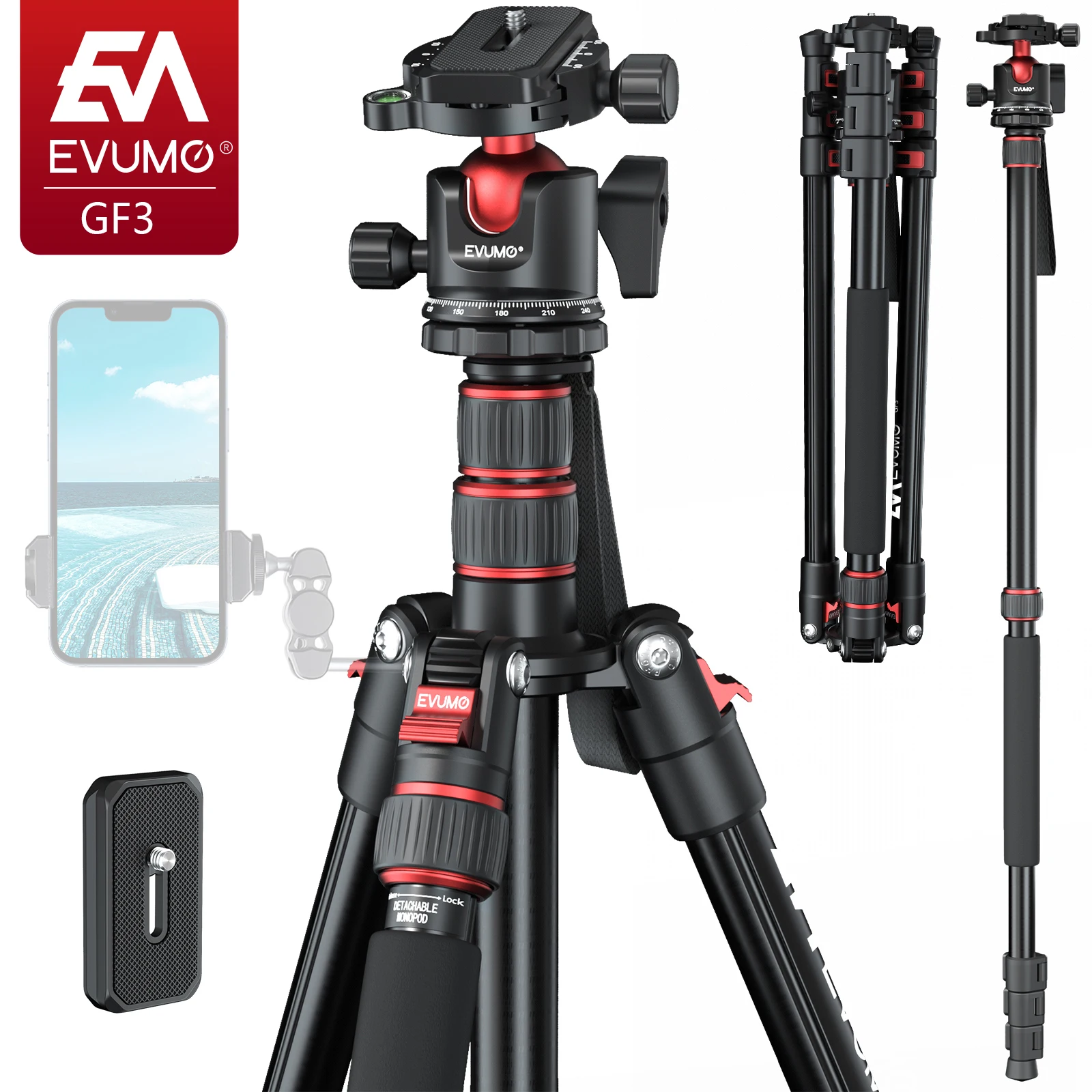 

EVUMO GF3 Professional 80inch 203cm High Aluminum Alloy Max Load 8kg Fast Flip Lock 36mm Head Monopod Stand Tripod for camera