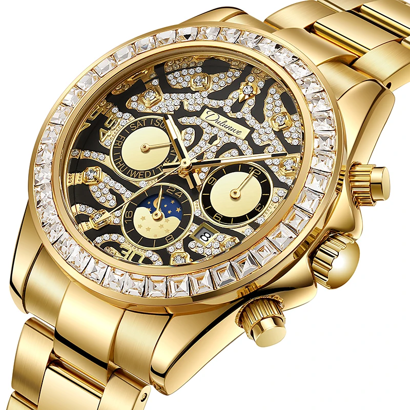 

Роскошные мужские часы Dulunwe, бриллиантовый циферблат, бриллиантовый безель, механические часы, светящийся дисплей даты и дня, корпус из сплава, ремешок.