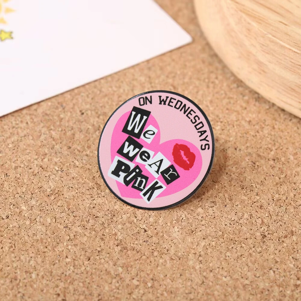 Mean Girls on Wednesdays We Wear Pink Brooch Classic Film and Television Elements Lipstick Enamel Pin Fashion Accessories Badge view 3