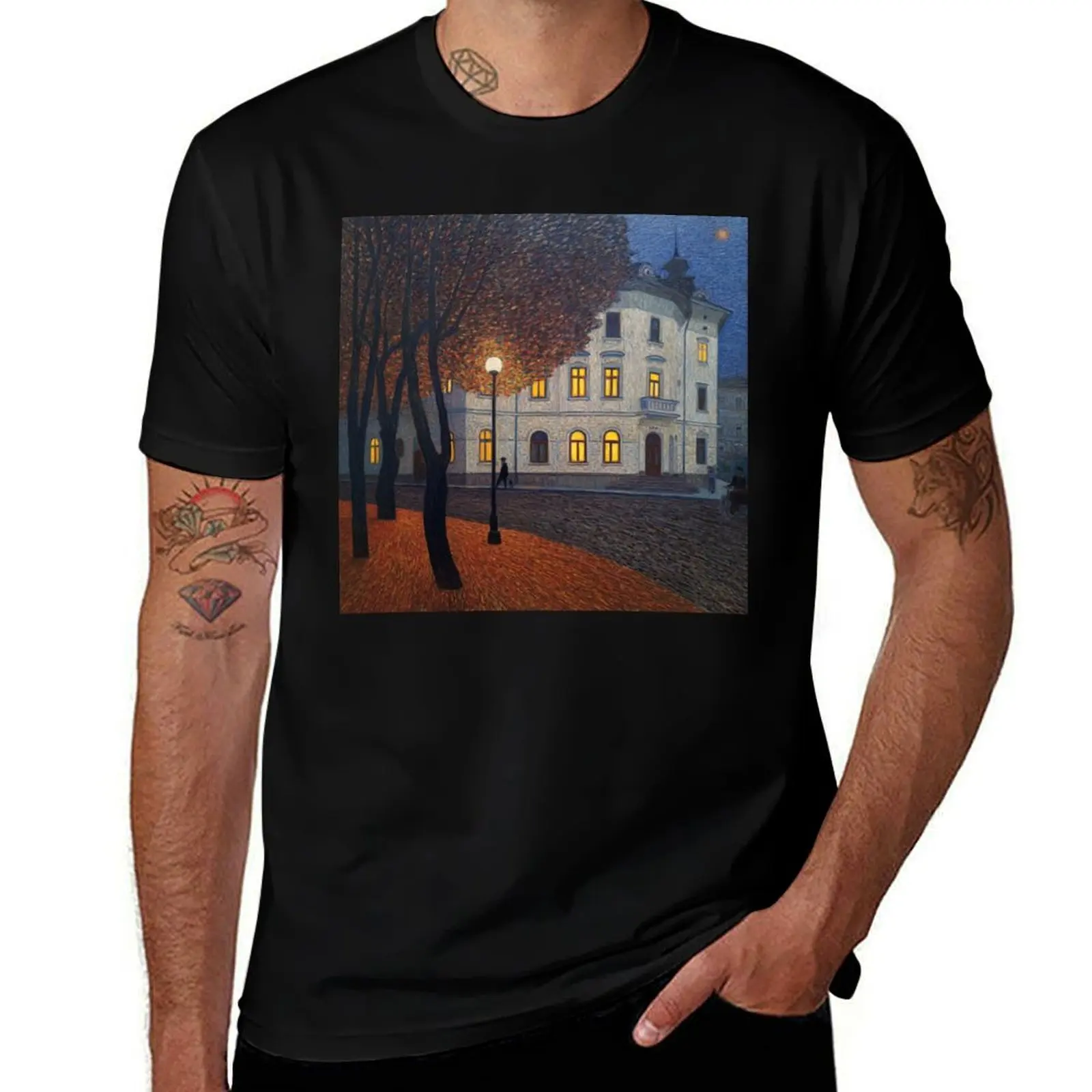 

Police station Post-impressionist paintingstyle T-Shirt anime for a boy t shirt men