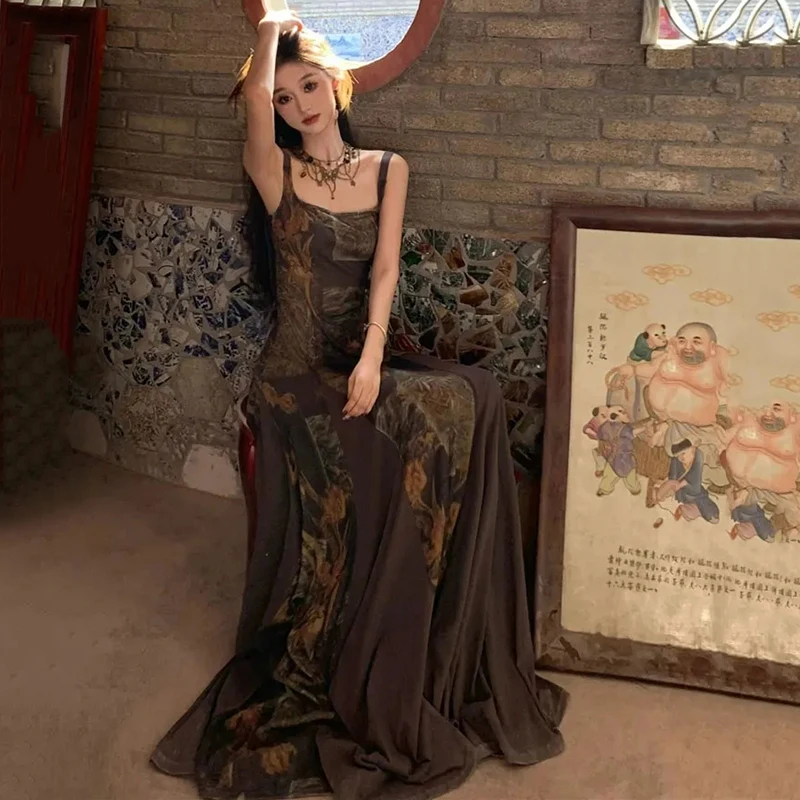 Abito Camis vintage americano da donna Abito estivo chic con stampa quadrata Abito estivo streetwear sottile con cinturino per spaghetti Vestidos De Mujer