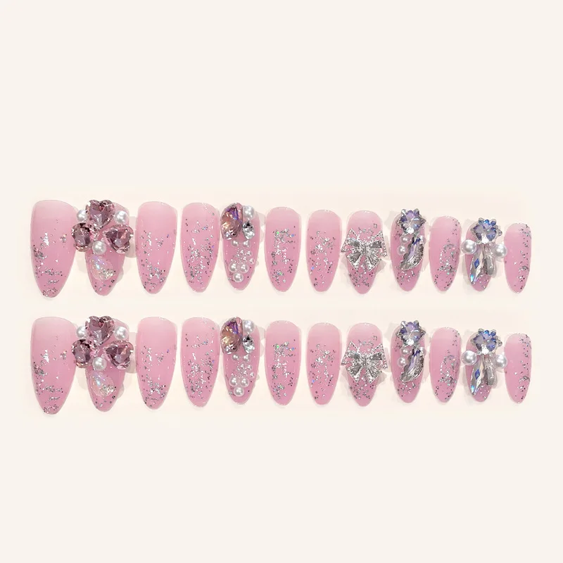 Ins Large Crystal False Nails 3D Rhinestone Pearl Decor Bridal Fake Nail Patch Shiny Korean Wedding Artificial Nail Art Tips